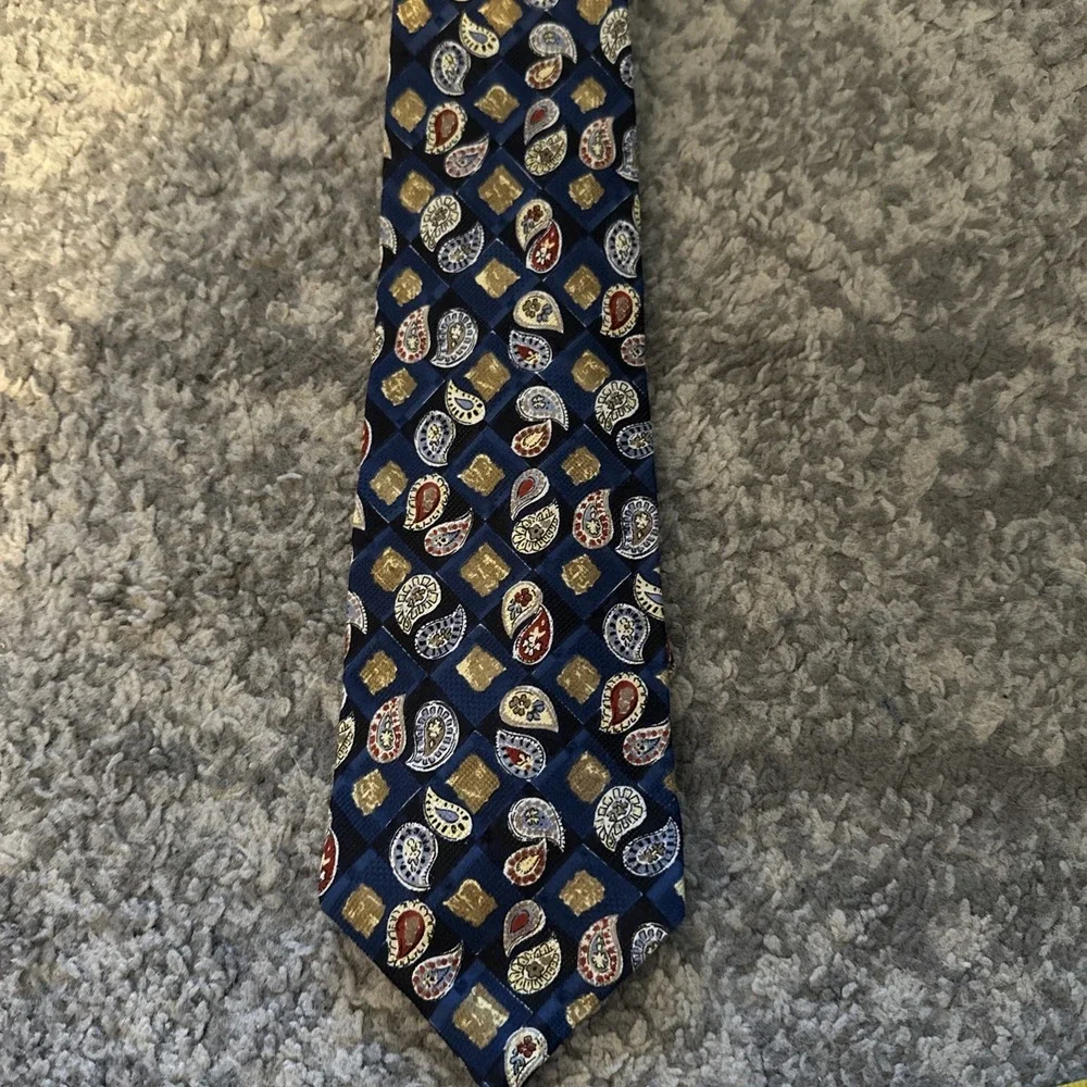 VTG Christian Dior Logo LUXURY Neck Tie Blue Geometric Dots Silk Paisley